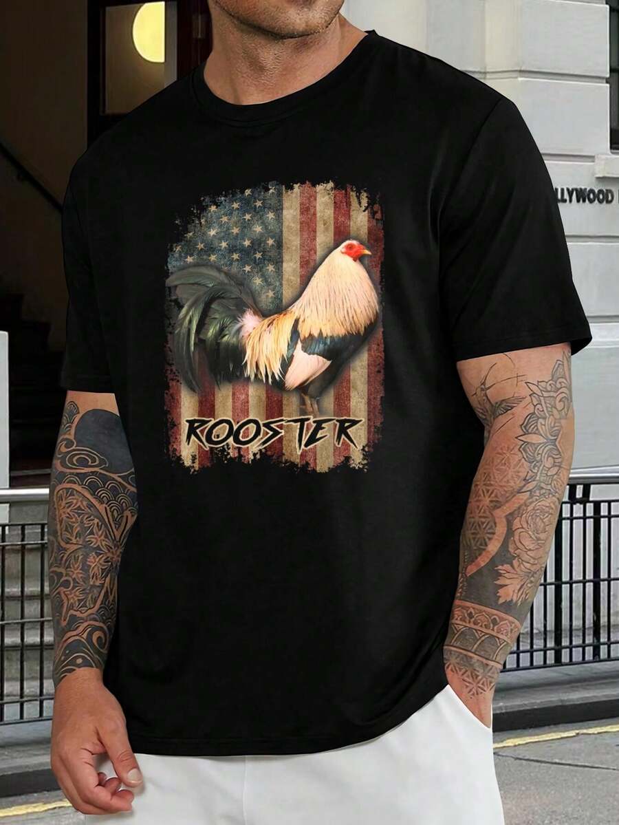 Camiseta patriótica de gallo para hombre - Camiseta vintage de pollo con bandera de EE. UU. Gallo gráfico de bandera estadounidense, manga corta, informal, para uso al aire libre, camiseta de moda inspirada en animales de granja para marido - Negro - Ver 1