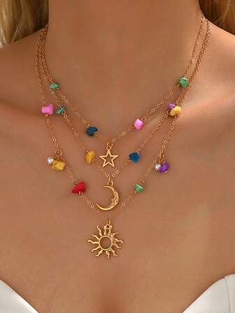 1 pieza Collar con colgante bohemio de múltiples capas con piedras de colores, elemento de estrella y luna, collar dorado de mujer con temperamento, joyería adecuada para uso diario