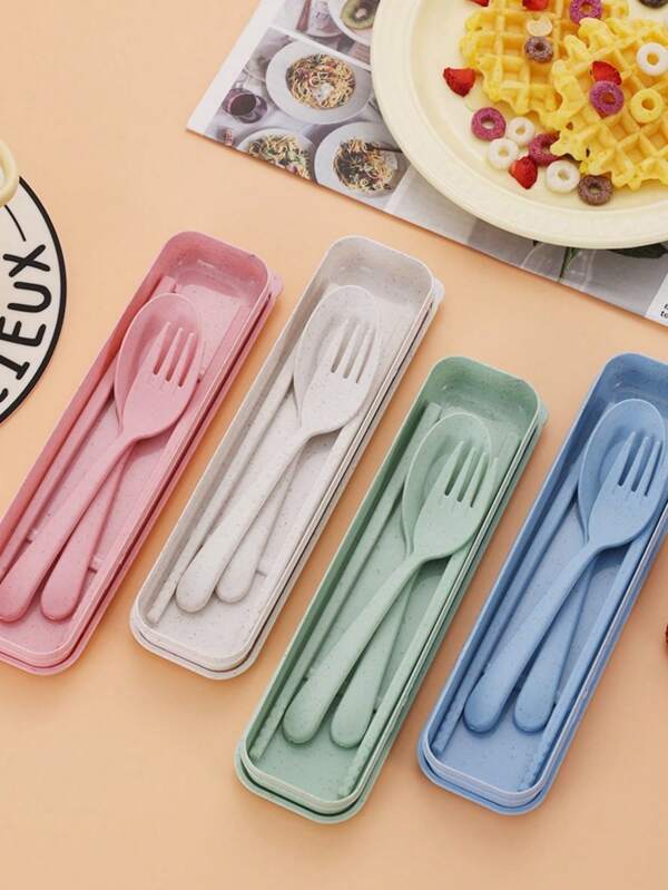 3pcs Flatware Set, Fork + Spoon + Chopsticks, 3-Piece Tableware Set, Made Of PP Material, Rust-Proof, Portable, Suitable For Outdoor, Travel, Restaurant, Kitchen,School Supplies