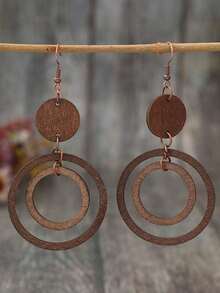 One Pair Cross-Border European And American Retro Geometric Circular Patchwork Wooden Earrings - Brown - View 7