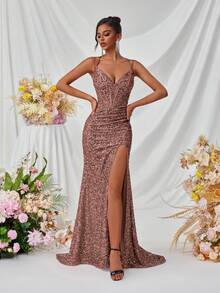 ADYCE 女士吊带深V领前开衩露背系带正式长裙，适合派对、盛会、正式晚宴、婚礼宾客、毕业典礼等场合，优雅正式，亦可作为圣诞派对礼服或感恩节服装。 - 藕粉色 - 查看 1