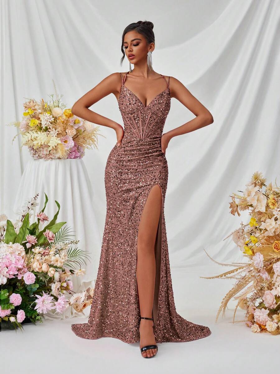 ADYCE 女士吊带深V领前开衩露背系带正式长裙，适合派对、盛会、正式晚宴、婚礼宾客、毕业典礼等场合，优雅正式，亦可作为圣诞派对礼服或感恩节服装。 - 藕粉色 - 查看 1