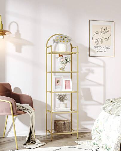 5 Tier Bookcase Bookshelf, Tempered Glass Bookshelves, Slim Shelving Unit For Bedroom, Bathroom, Home Office, Steel Frame, Gold