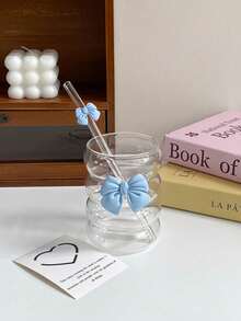 One Piece Transparent Butterfly Design Glass Cup, Capacity 300ml, With Straw Lid, Unique Butterfly Design Coffee Or Juice Cup, Matcha Cup, Mug, Home Decoration, Gift For Friends/Classmates, Christmas Gift, Teacher Gift, Back To School Supplies, College Dormitory, Classroom Drinking Glass Cup - Multicolor - View 3