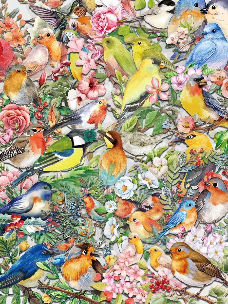 1 Pack 50pcs Flower & Bird Pattern Stickers, Waterproof For Scrapbooking, Journals, Cups, DIY Crafts School Supplies, Back To School - Style 2 - View 1