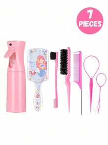 Set di 7 pezzi/6 pezzi/1 pezzo di pettini e flaconi spray, pettine in plastica antstatica con stampa a torre di cartone animato, ago per capelli portatile, flacone spray ad alta pressione, adatto per bambini e ragazze, capelli normali, manico in ABS, design quadrato carino, set di strumenti per parrucchieri