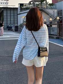 女士撞色条纹长袖T恤，休闲宽松薄款防晒罩衫，春夏 - 藍色條紋 - 查看 6