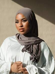 1pc Women Solid Color Soft Modal Ruffle Trim Hijab, Headscarf, Casual Arabic Style Long Shawl Scarf, Conservative Solid Color Head Wrap Suitable For Everyday Use For Dress - Mocha Brown - View 3