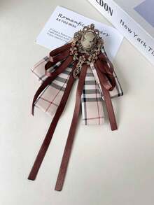 Vintage Victorian Beauty Embossed Plaid Satin Multi-Layer Ruffle Bow British Academy Style Shirt Accessory - Coffee Brown - View 2