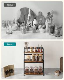 Portaspezie, Scaffale da Cucina a 3 Ripiani, Organizzatore da Banco, Struttura in BambÙ, per Cucina, Sala da Pranzo, Ufficio, Marrone Vintage e Nero - Castano - Visualizzare 3