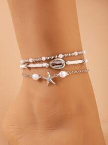 Set da 3 cavigliere estive alla moda con perline a forma di stella marina e conchiglia, versatili per uso quotidiano, spiaggia, feste, regalo