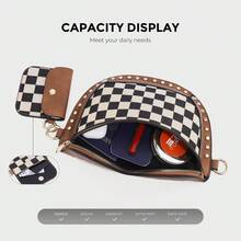 Women's Punk Style Studded Decor Bum Bag, Fashion Colorblock Checked Pattern Crossbody Bag For Daily Used, Casual Versatile High-Quality Daily Commuting Bag - màu nâu - Xem 7