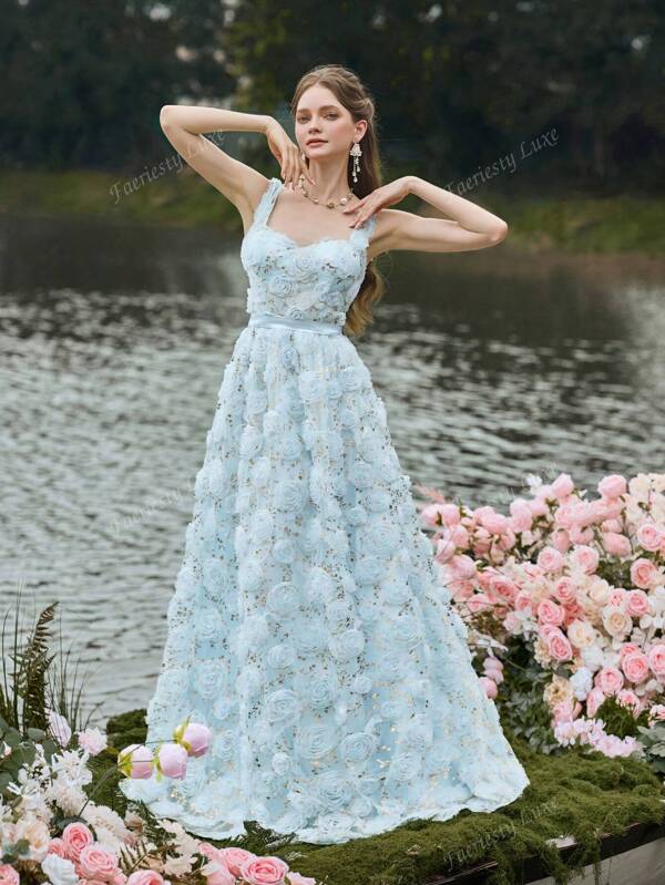 Faeriesty Luxe Elegant Sleeveless Evening Gown With 3D Floral Appliques & Sweetheart Neckline - Luxury For Evening Banquets & High-Fashion Galas