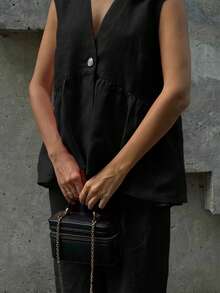 Women's Casual Elegant Linen V-Neck Ruffle Hem Vest And Pants 2-Piece Set, Suitable For Dates, Holidays, Spring/Summer Outfits, Daily Wear, New Year, Valentine's Day - Black - View 5