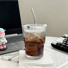 1 pieza, Vaso de vidrio con rayas, con pajita y tapa - 20.29oz/600ml, llamativo vaso de vidrio para beber, apto para café, té, whisky, leche, americano con hielo y bebidas de latte