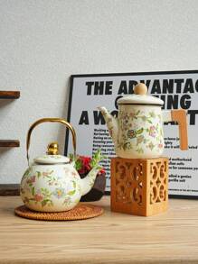 1 Set 1.2L Retro Floral Enamel Teapot, Milk Pot, Lid Cup, Square Pot, Coffee Pot, Handmade Tea Infuser Pot, Household Boiling Water Enamel Pot, Desktop Decorative Enamel Pot, Enamel Pot As Gift For Friends And Elders, Enamel Pot That Can Be Directly Heated In The Kitchen Back To School