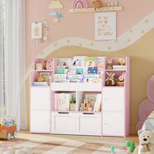 Toy Storage Furniture, Toy Organizer, Montessori Shelf, Toy And Book Storage Shelf, Toy Storage Box, 4 Doors, 2 Drawers With Wheels, 122x30x100cm - 粉色 - 查看 1