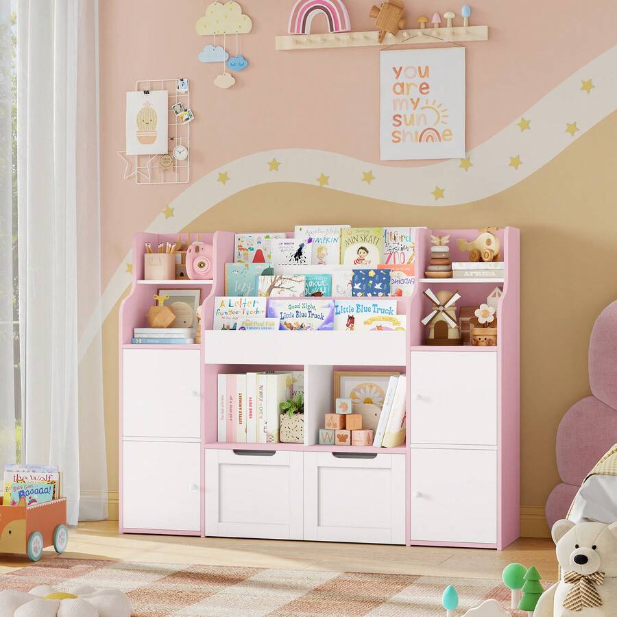 Toy Storage Furniture, Toy Organizer, Montessori Shelf, Toy And Book Storage Shelf, Toy Storage Box, 4 Doors, 2 Drawers With Wheels, 122x30x100cm - 粉色 - 查看 1