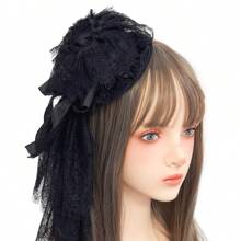 1 Stück schwarzer Spitzen-Schleier mit Schleife Dekor Minihut, Lolita-Stil Kopfschmuck; 1 Stück Gothic-Stil Halloween Hut; 1 Stück Kopfband mit Blumennetz; 1 Stück Party Verkleidungshut Kopfschmuck