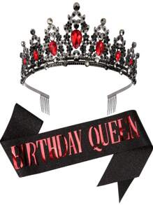 2pcs/Set Baroque Style Rhinestone Zinc Alloy Birthday Crown + Sash Suit, Suitable For Birthday Party, Birthday Queen Tiara Headpiece + Shoulder Strap Accessory