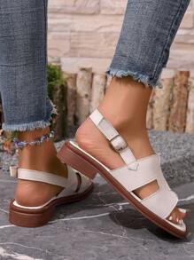 Sandalias planas para mujer, sandalias casuales de unicolor con tira y hebilla, de punta abierta y deslizamiento, cómodas para uso al aire libre