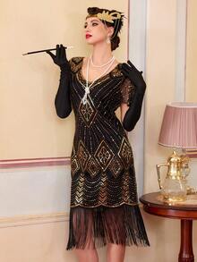 20世纪20年代的轻佻女郎连衣裙，《了不起的盖茨比》咆哮的20年代女性连衣裙，透明串珠袖子服装 - 金色 - 查看 5