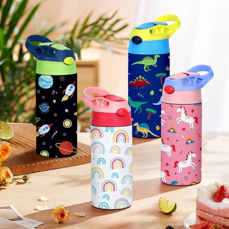 Yocity 1pc 12oz Stainless Steel Mug With Handle, Cute Cartoon Pattern Double Wall Water Cup With Lid And Straw, Suitable For Outdoor, Camping, Travel