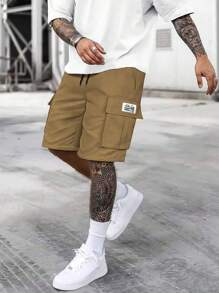 Hidkat [Primavera/Verano] Pantalones cortos tipo cargo de unicolor para hombre con múltiples bolsillos, pantalones cortos casuales con cordón para verano