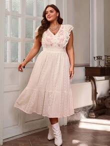 Plus Size Women's Summer New Lace Long Dress With Ruffled Embroidery Details, Suitable For Music Festivals, Vacations, And Western Style - Light Apricot - View 2