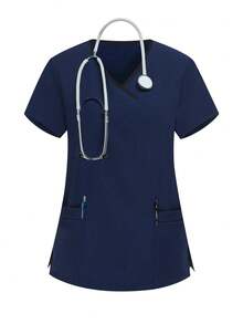 Women V-Neck Color Block Stripe Multi-Pocket Drawstring Scrubs Nurse Scrub Uniform Set, Workwear For Dentist, Healthcare, Pet Hospital, Laboratory - Navy Blue - View 5