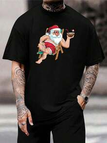 Camiseta divertida de Papá Noel tropical para hombre - Camiseta navideña de verano, vacaciones en la playa, Papá Noel con bebida de coco, atuendo para fiesta navideña, idea de regalo para el esposo - Negro - Ver 1