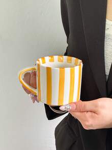 1pc Ceramic Mug & Saucer Set, Minimalist Vertical Stripe Pattern Coffee Cup, Design High Aesthetic Value Mug, Medium Size Coffee/Tea Cup, Suitable For Photography, Gift, Birthday - 彩色 - 查看 14