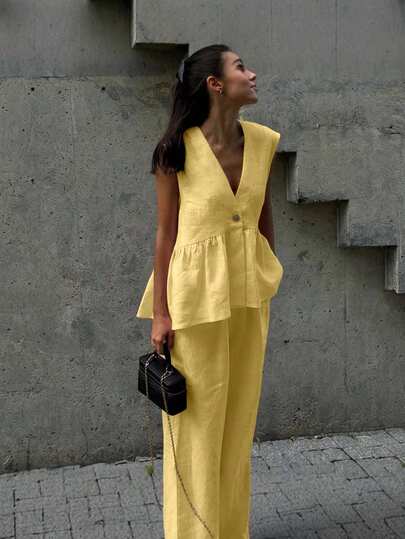 2pcs Women Casual Elegant Vacation Date Linen Top And Pants Set, Spring/Summer