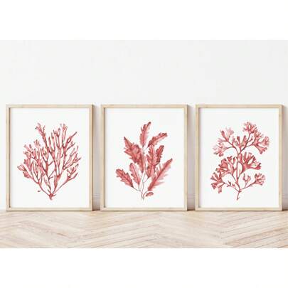 3 stuks canvasprint met rode koraal en zeewier, neutrale kustmuurkunst. Kunstprints van strandhuizen. Waterverf nautische wanddecoratie, wanddecoratie met zeeleven, kustdecoratie, zomerdecoratie, decoratie voor kinderopvang, woondecoratie, wandkunst, posters, wandkunst met lijst voor woonkamer, slaapkamer, kantoor, enz. - Perfect voor feestdagen, muurschilderingen, posters, verjaardagscadeaus, afstudeercadeaus - Canvasmateriaal (optioneel canvas (optioneel lijst)
