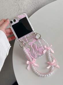 Süßer federiger rosa Bogen Klar Farbverlauf Glitzer Handyhülle kompatibel mit Samsung Galaxy Z Flip6 Z Flip3 Z Flip5 Z Flip 4 Rückseite mit Schleife Perlenkette