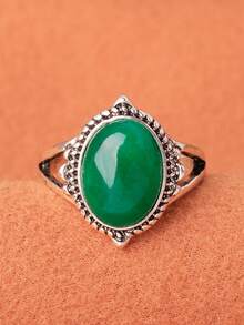 1pc Alloy Plated Vintage Silver Oval Faux Gemstone Ring, Multiple Colors Available - View 3