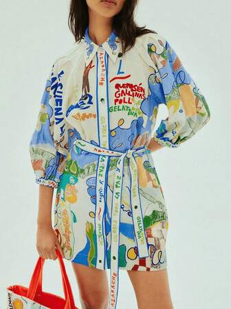1pc Women's Casual Fashion Personalized Belted Print Single-Breasted Versatile Shirt Dress