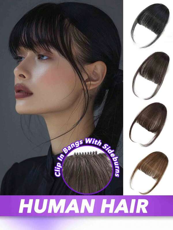 Human Hair Bangs With Sideburns Real Hair Bangs Clip-On Wig Women's Thin Air Fringe Sideburns Easy To Apply Basic Style All Ethnicities Hair Accessories For Daily Use Natural & Black Brown & Blond
