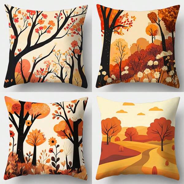 4pcs Sofa Pillow Case Set, 17.7"X17.7", Minimalist Autumn Forest Print, Single-Sided, Home Decor, Couch Lumbar Cushion Covers, Pillow Covers Only (No Fillers)