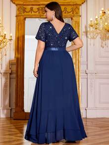 Plus Deep V-Neck Sequin Lace Contrast Chiffon Double Layer Ruffle Hem Evening Party Dress, Elegant Prom Formal Wedding Guest Dress, For Birthday, Graduation, Homecoming, Formal Dress,Gown - Navy Blue - View 2