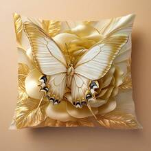 1pc 3D Gold Butterfly & Floral Pattern Cushion Cover (Flat Printed Design), Single-Sided Skin-Friendly Peach Velvet Material, 45*45CM Pillow Cover Suitable For Indoor Decoration, Party Decor, Decorative Cushion Gift - Multicolor - View 4