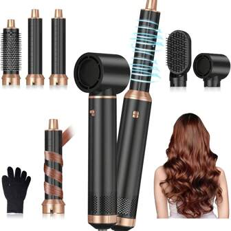 Black 5 In 1 Blow Dryer Brush, Detachable Hot Air Brush Set, Negative Ionic Hair Dryer Styling Tool Set, Round Hot Air Straightener Brush Volumizer Thermal Brush, Hair-Wrap Curler Wand