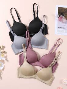 4 Packs Girls Teenager Ribbed Moulded Cup Bra, Letter Printed Teen Underwear, Comfortable And Breathable For Young Girls
