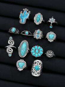 Conjunto de 44 anéis de metal com flor turquesa estilo boêmio, presentes para mulheres em datas comemorativas, acessórios para combinações diárias