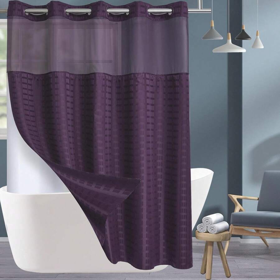 Wide Hotel Fabric Shower Curtain With Snap In Liner 108" X 74" For Bathroom Machine Washable Waterproof Repellent Shower Curtain (White 108" (W) X 74"(H)) - Check-purple - View 1