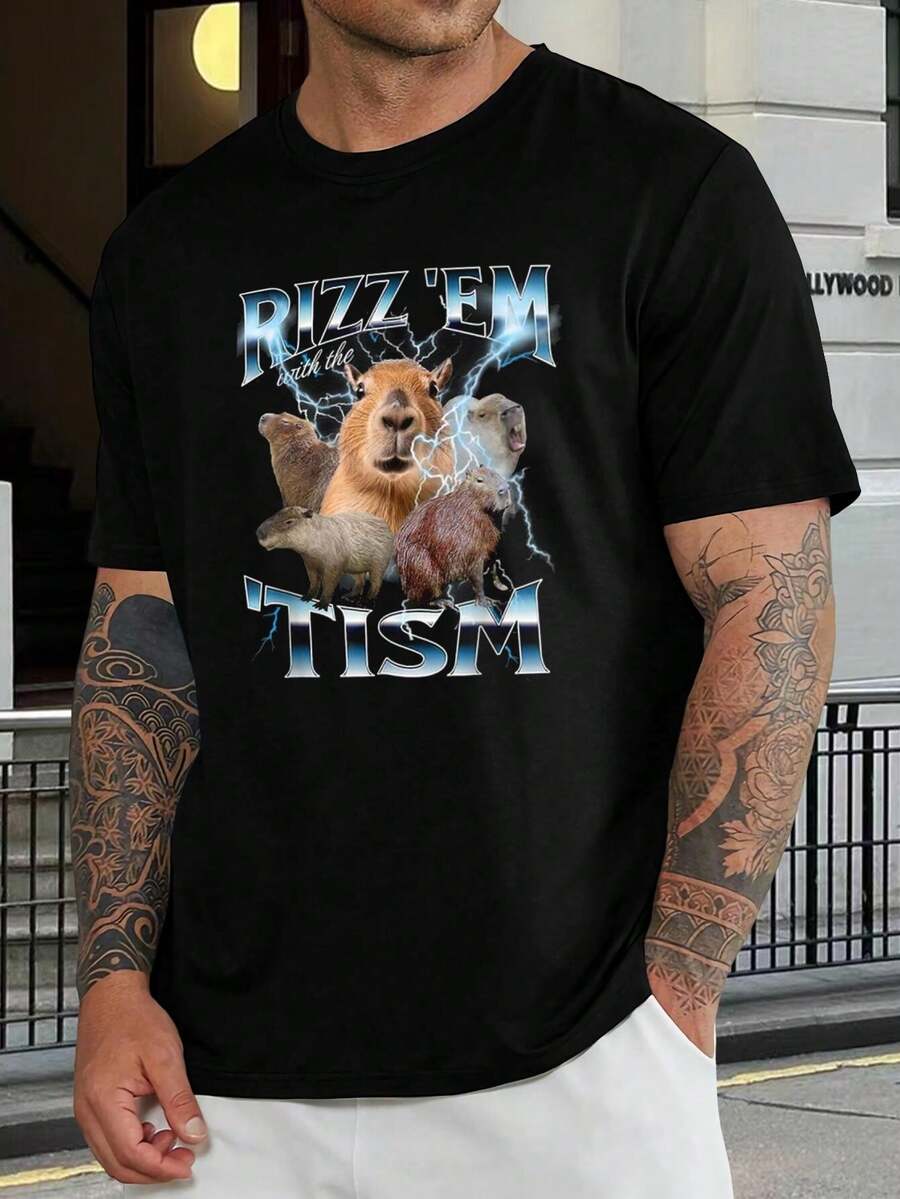 Camiseta divertida de capibara | Camiseta gráfica Rizz 'Em With The 'Tism - Camiseta fresca para amantes de los animales para hombres y mujeres - camiseta de manga corta cómoda y a la moda - Negro - Ver 1
