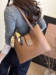 1pc PU Shoulder Bag With Scarf Decor, Large Capacity, Lightweight And Versatile, Suitable For Commuting - Brown - View 4