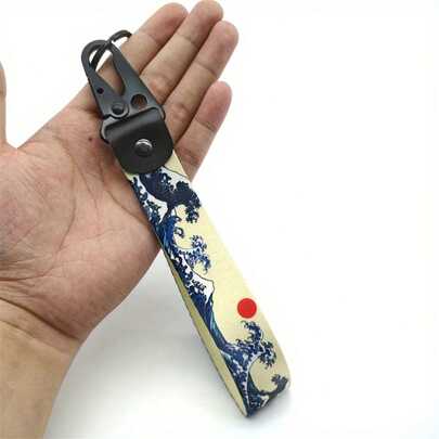 1pc Japanese Hokkaido Sea Wave Keychain - Metal Clasp, Blue & White Wave Design, Durable Metal Keychain For Keys, Motorcycle, Car Accessories, Stylish Gift For Women, Stylish Key Organizer | Artistic Keychain | Durable Clasp