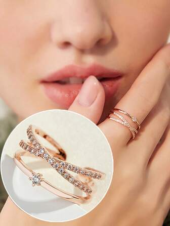 Women's Open Ring, Spring And Summer Fashion Cross Finger Design, Adjustable Opening, High-Quality Copper Micro-Inlaid Cubic Zirconia Ring, Open Style Ring, Mother's Day Preferred Gift, Bridesmaid Gifts, Suitable For Daily Wear, Beach Vacation, Wedding Party, Perfect Holiday Gift For Family And Friends, Birthday Gift