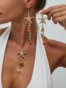 1pc/2pcs/3pcs/Set Ocean Vacation Style Thin Chain Starfish Shell Tassel Pendant Necklace & Earrings, Luxurious Lightweight Vacation Party Women Couple Street Carnival Versatile Jewelry Accessories Gift - Gold - View 11